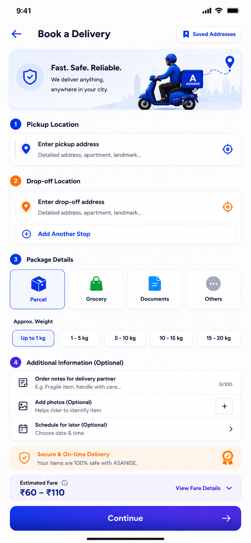 ASANI SE Booking Screen with fare breakdown and payment method