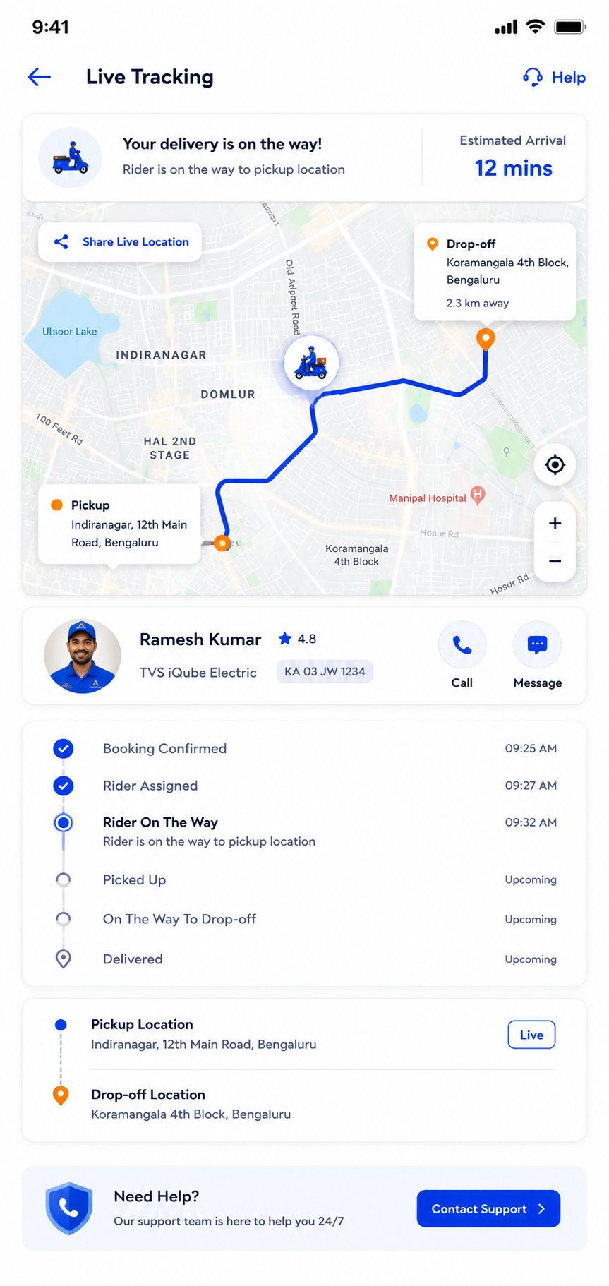 ASANI SE Live GPS Tracking screen showing route and rider location